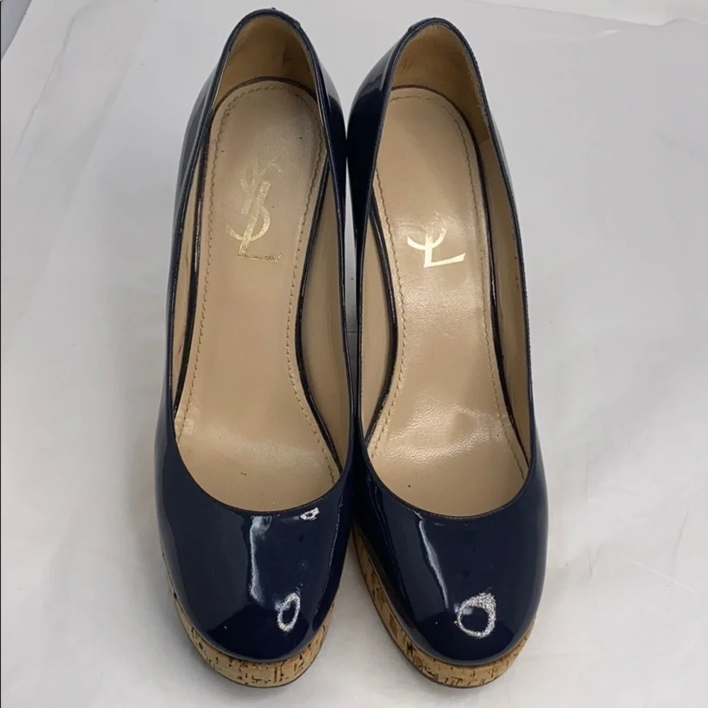 YSL Yves Saint Laurent 39 Navy Blue Patent Wedge